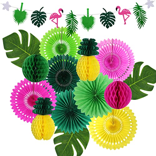 zilue Hawaiian Party Decorations Tropical Birthday Party Supplies Flamingo and Palm Leaves Banner Tissue Paper Fan Pineapple Honeycomb Ball for Summer Luau Bachelorette Party - Image 1