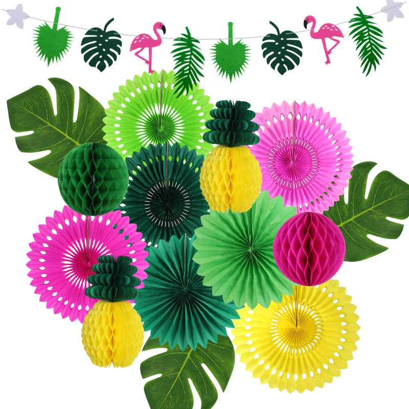 zilue Hawaiian Party Decorations Tropical Birthday Party Supplies Flamingo and Palm Leaves Banner Tissue Paper Fan Pineapple Honeycomb Ball for Summer Luau Bachelorette Party - Image 2