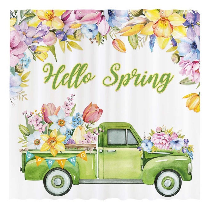 72 X 72 HELLO SPRING TRUCK SHOWER CURTAIN FOR BATHROOM SET EASTER WATERCOLOR COLORFUL FLORAL FLOWER BATH BATHTUB DECORATIONS DECOR DURABLE EASY CARE MACHINE WASHABLE