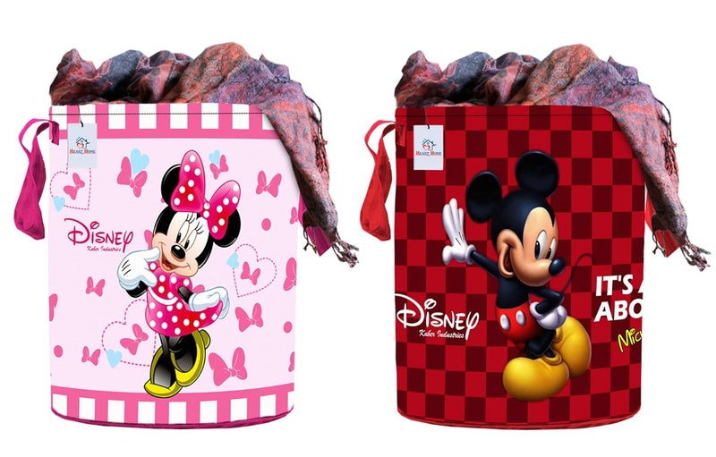 Kuber Industries Heart Home Disney Mickey Minnie Print Non Woven Fabric Foldable Laundry Basket, Toy Storage Basket, Cloth Storage Basket with Handles, 45 LTR (Set of 2, Maroon & Pink)-HEART10753 - Image 1