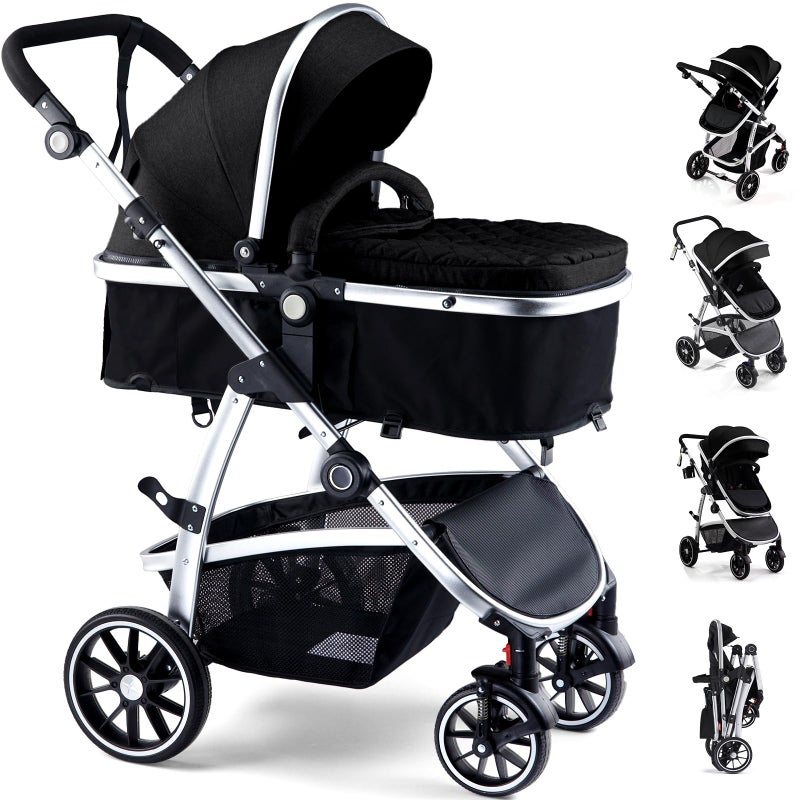 Hagaday Baby Stroller 2in1 Reversible Toddler Seat with Bassinet Mode Foldable Infant Stroller with Canopy One Button Brake Adjustable Handle Newborn PushchairBlack
