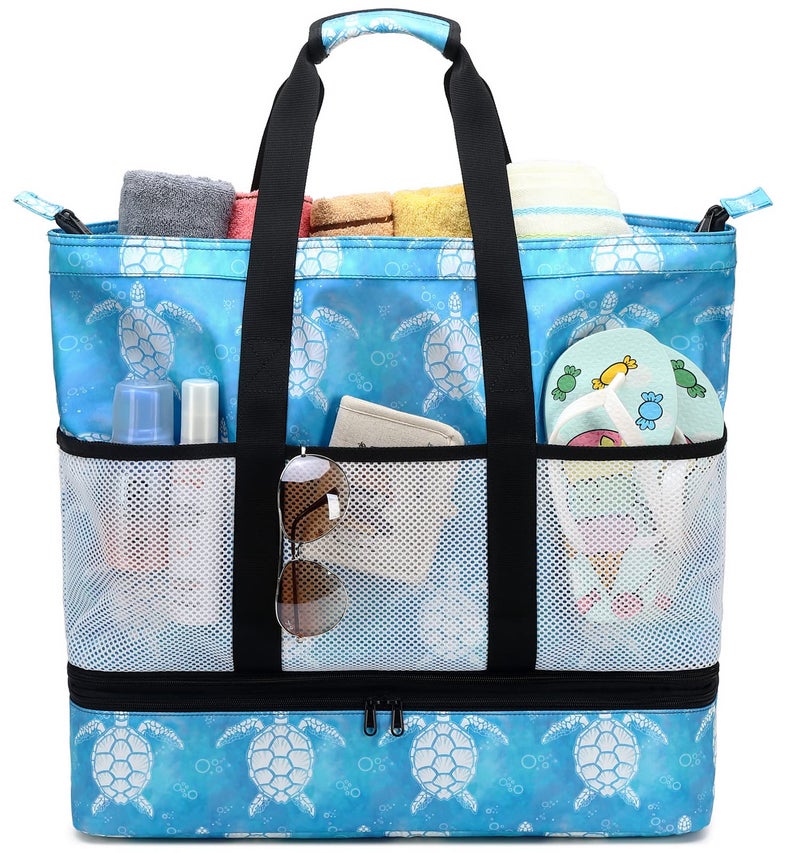 JIANYA Beach Bag Women Waterproof Sandproof Beach Tote Bags with Cooler Top Zipper Large Totes for Beach Pool Travel Daily, Bubble Sea Turtle - Image 1