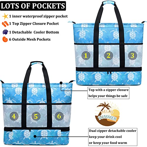 JIANYA Beach Bag Women Waterproof Sandproof Beach Tote Bags with Cooler Top Zipper Large Totes for Beach Pool Travel Daily, Bubble Sea Turtle - Image 4