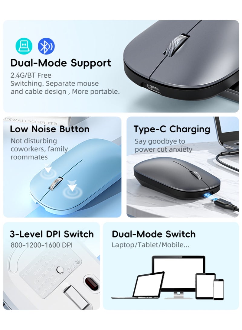 ماوس لاسلكي، بلوتوث ووضع مزدوج 2.4G، 3 دقة DPI قابلة للتعديل ، تصميم ماوس فائق النحافة ومحمول للكمبيوتر المحمول والكمبيوتر والمكتب والسفر - Image 5