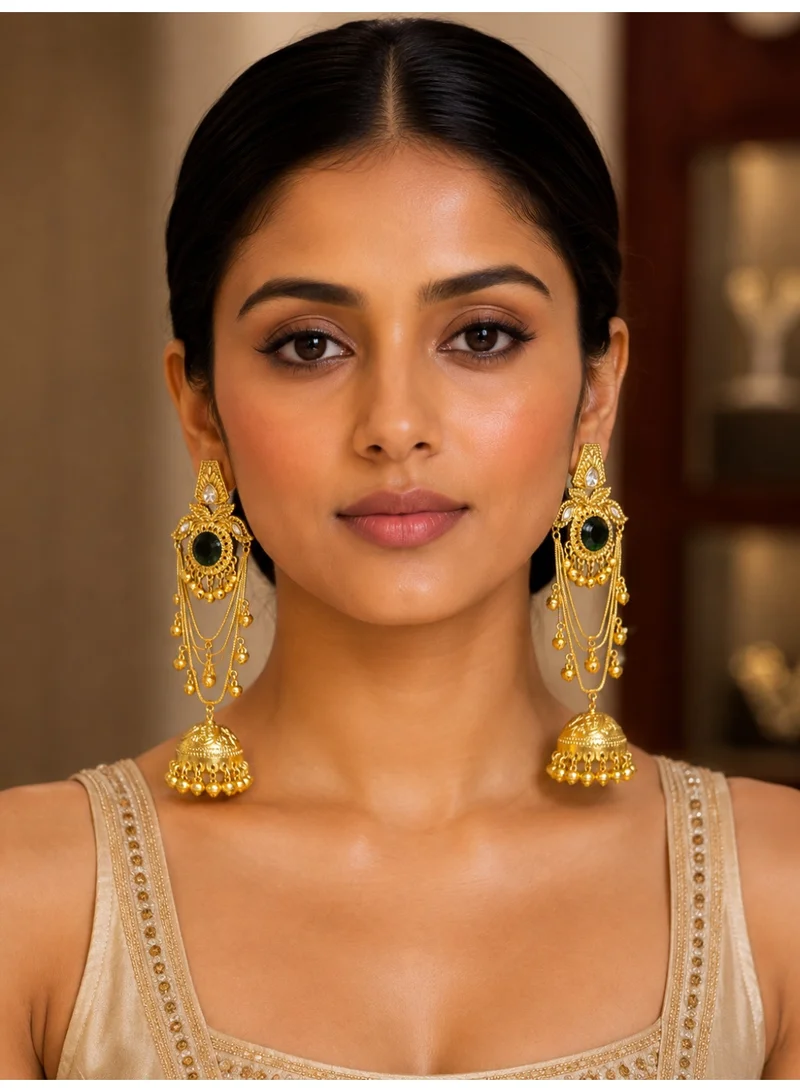 Lehar Imitation Gold-Tone Emerald Green Stone Statement Kashir Jhumka Earrings