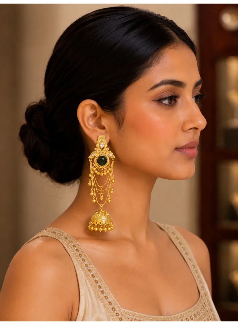 Lehar Imitation Gold-Tone Emerald Green Stone Statement Kashir Jhumka Earrings