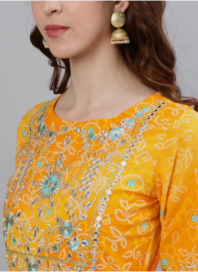 آي شين Aline Fit Self Design Pattern Round Neck Neck Three-Quarter Sleeves Yellow Colour Knitted Cotton Kurtis for Women with Semi Elastic Closure - Unmatched Grace and Comfort