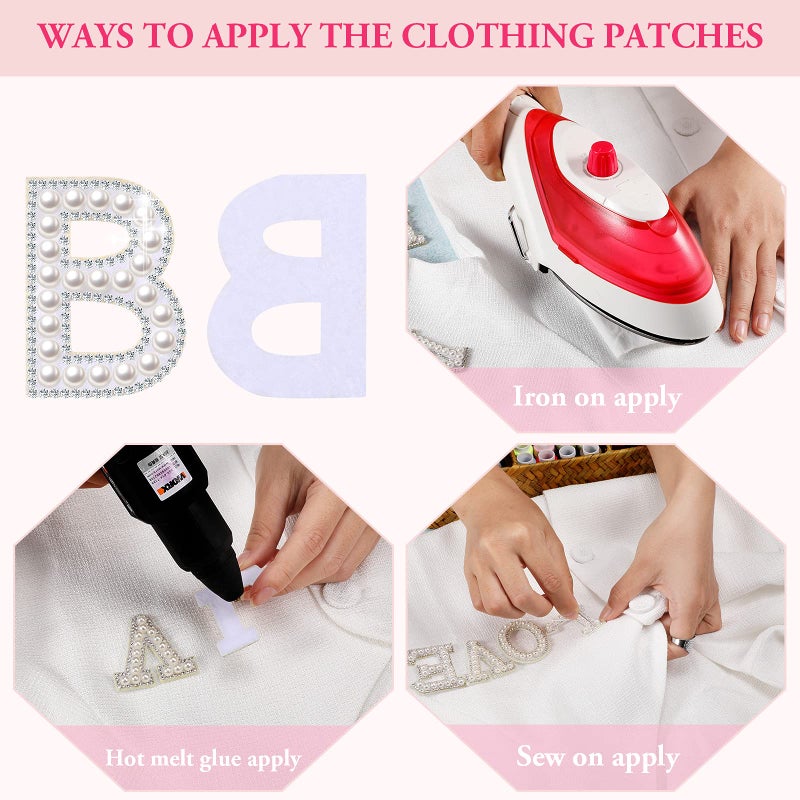 Waydress 26 Piece Rhinestone Iron on Patch A to Z Letter Appliques Adhesive White Pink Colorful Pearl Bling Patch Glitter Alphabet Embellishments for DIY Craft Supplies(Solid White) - Image 3
