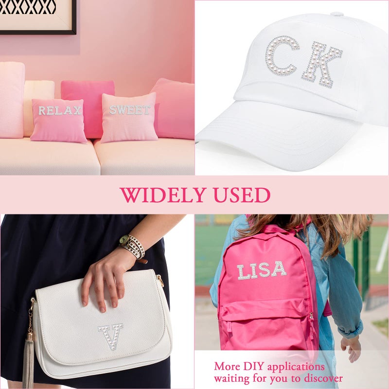 Waydress 26 Piece Rhinestone Iron on Patch A to Z Letter Appliques Adhesive White Pink Colorful Pearl Bling Patch Glitter Alphabet Embellishments for DIY Craft Supplies(Solid White) - Image 5