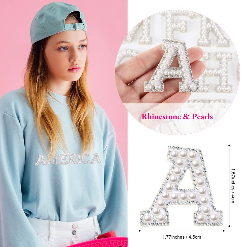 Waydress 26 Piece Rhinestone Iron on Patch A to Z Letter Appliques Adhesive White Pink Colorful Pearl Bling Patch Glitter Alphabet Embellishments for DIY Craft Supplies(Solid White) - Image 2