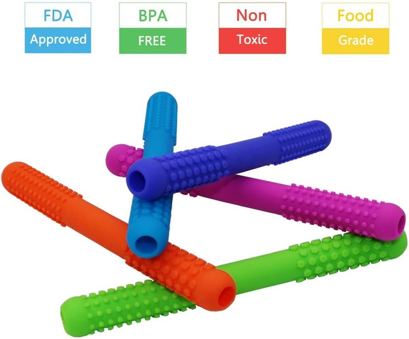 Atsky Hollow Teething Tubes Toys for Babies Girls Boys, 6 Pack Silicone Baby Teether Toy Tube for Infants with Nursing Biting Chewing, Chew Straws for Toddlers 6-12 Months (Style A) - Image 2