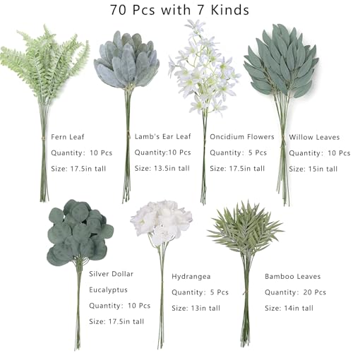 FOTEEWL 70 Pcs Artificial Greenery Stems Box Setwith 7 Kinds of Faux Plants and Fake Flowers for DIY Bridal Bouquets Wedding Floral Arrangement Table Centerpieces Decoration Sage Green Beige - Image 3