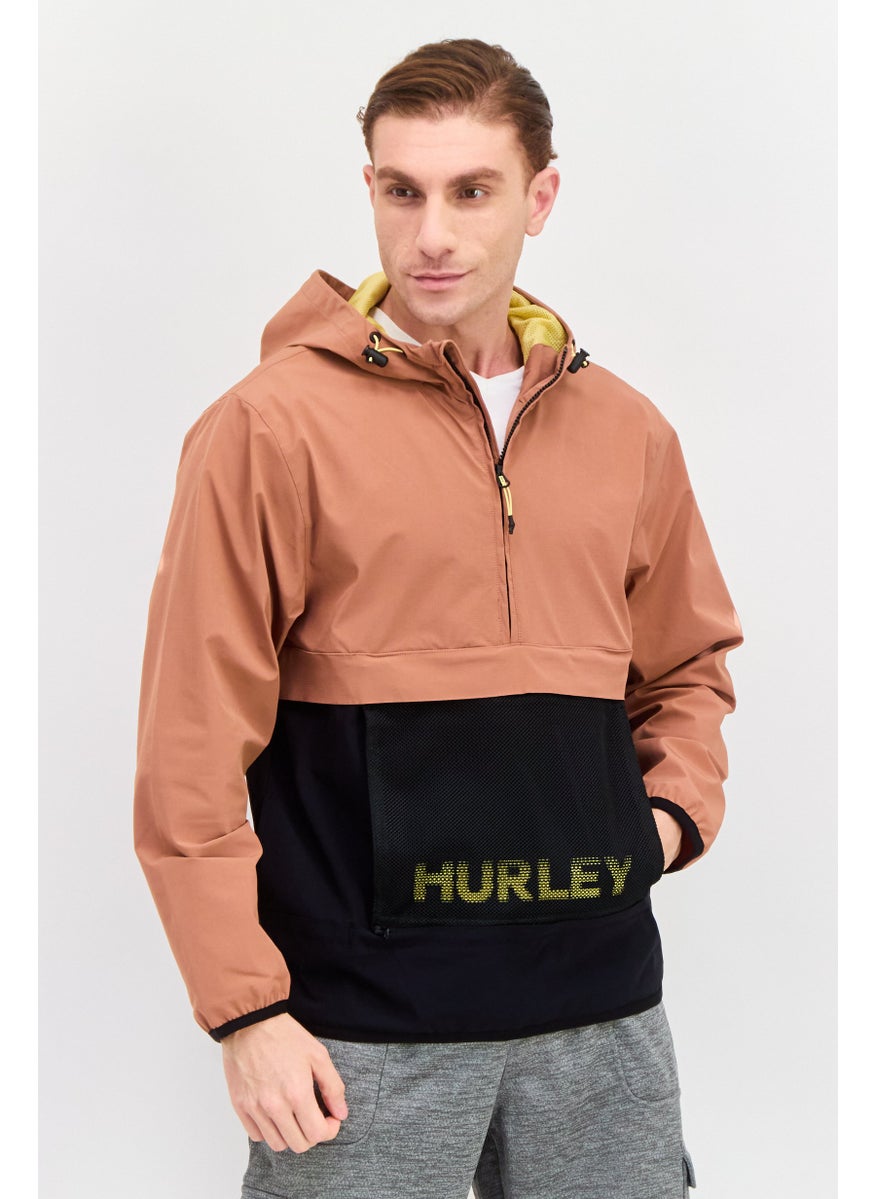 Hurley - Men Hooded Brand Logo Windbreaker Jacket, Brown - Image 1