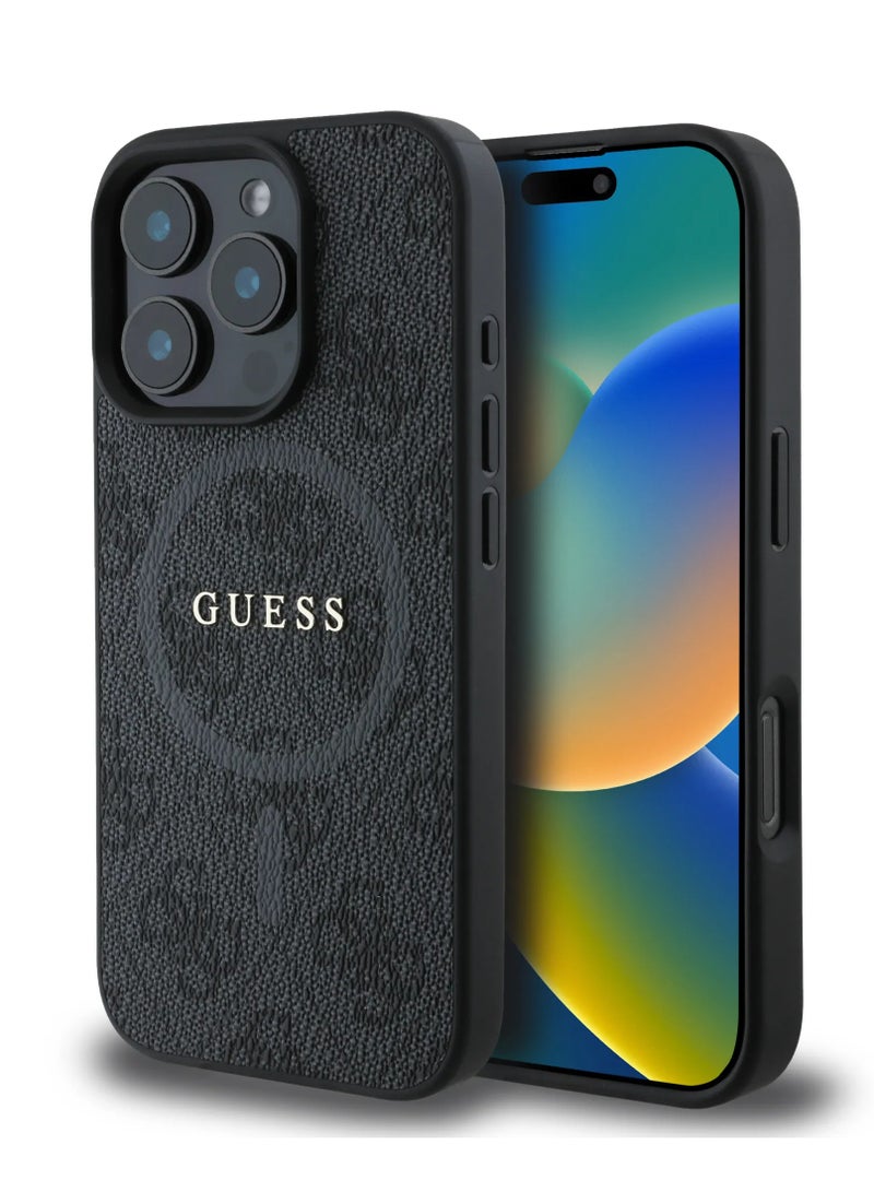 GUESS iPhone 16 Pro Max MagSafe Case PU 4G Hard Cover with Classic Logo / Shock Absorption/ Raised Bezels / Slim and Lightweight Back Cover - Black  - Image 1