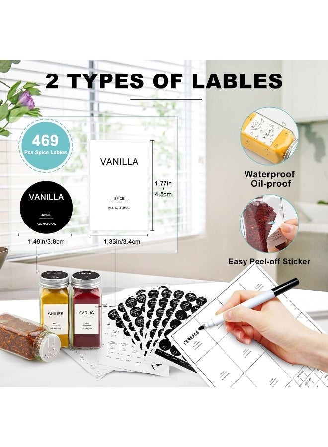 SKY-TOUCH عبوة 24 برطمان توابل زجاجية مع أغطية رش، برطمانات توابل محكمة مع ملصقات للمطبخ، التوابل، الخزانة، الدرج، 120 مل زجاج، مع قمع قابل للطي وقلم مارك - Image 3