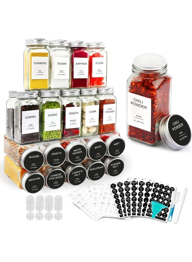 SKY-TOUCH عبوة 24 برطمان توابل زجاجية مع أغطية رش، برطمانات توابل محكمة مع ملصقات للمطبخ، التوابل، الخزانة، الدرج، 120 مل زجاج، مع قمع قابل للطي وقلم مارك - Image 1