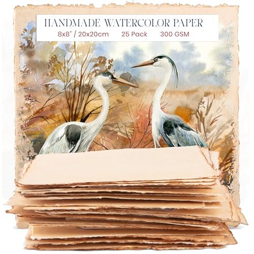 Wanderings Thick Handmade Vintage Watercolor Paper with Deckle Edge 8 x 8 300GSM 25 Loose Leaf Sheets Premium Antiqued Cold Press Textured Mixed Media Paper Made with Recycled Cotton - Image 3