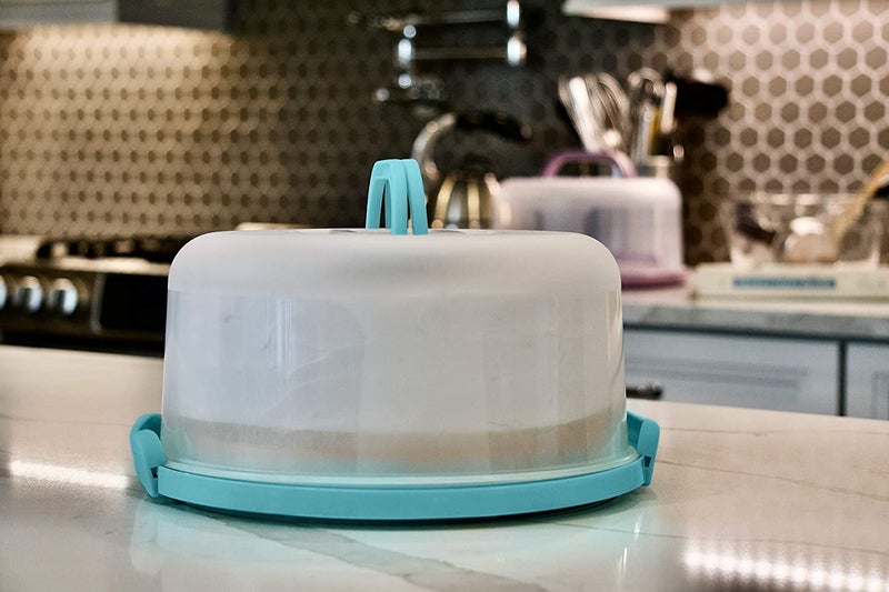 Highball  Chaser Top Shelf Elements Round Cake Carrier Two Sided Cake Holder Serves as Five Section Serving Tray, Portable Cake Stand Fits 10 inch Cake, Cake Box Comes With Handle, Cake Container Holds Pies (Aqua) - Image 3
