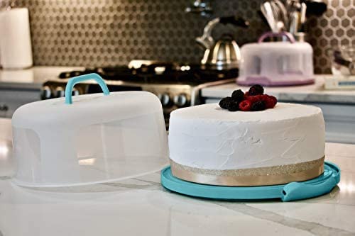 Highball  Chaser Top Shelf Elements Round Cake Carrier Two Sided Cake Holder Serves as Five Section Serving Tray, Portable Cake Stand Fits 10 inch Cake, Cake Box Comes With Handle, Cake Container Holds Pies (Aqua) - Image 5