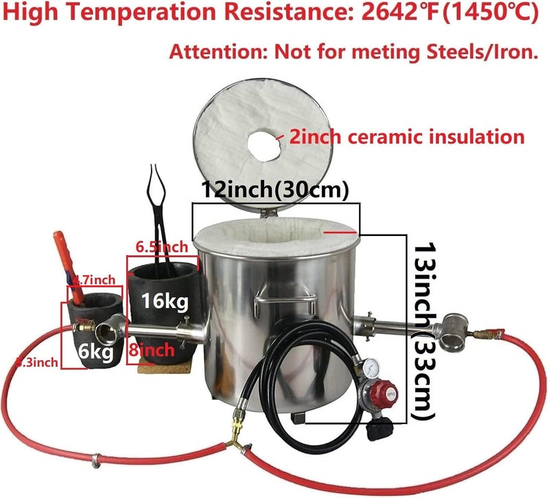 LSMIITTH 16KG/35lbs Gas Metal Melting Furnace Kit 2642°F / 1450°C Propane Forge Dual Burner (Each 100,000 BTU) Foundry Home Kiln Smelting Casting Tool Refining Recycle Brass,Gold,Silver A - Image 2