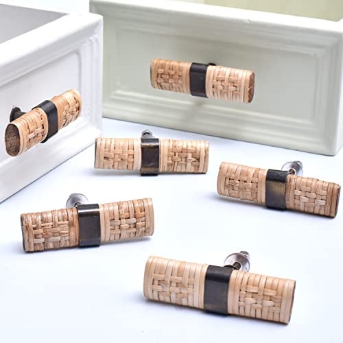 Indian-Shelf Natural Rattan Cabinet Knobs - 6 Pieces Wicker Drawer Pulls and Handles for Cabinets and Drawers - Wood and Bamboo Pulls - Image 2