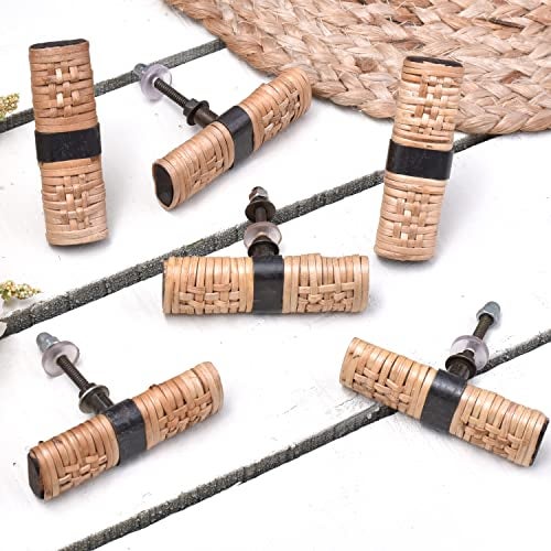 Indian-Shelf Natural Rattan Cabinet Knobs - 6 Pieces Wicker Drawer Pulls and Handles for Cabinets and Drawers - Wood and Bamboo Pulls - Image 1