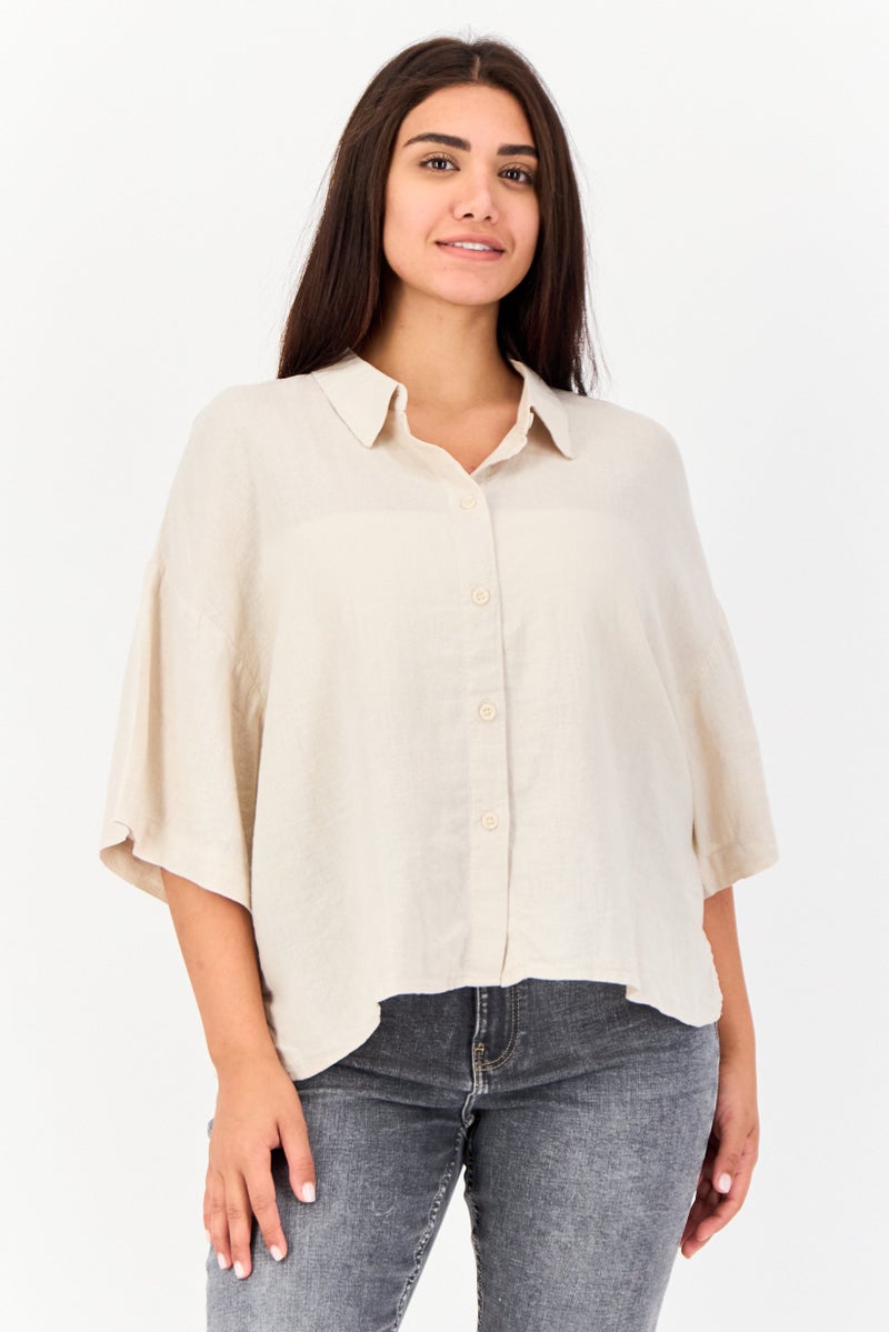 VERO MODA Women Spread Collar Short Sleeve Plain Blouse, Beige  - Image 1