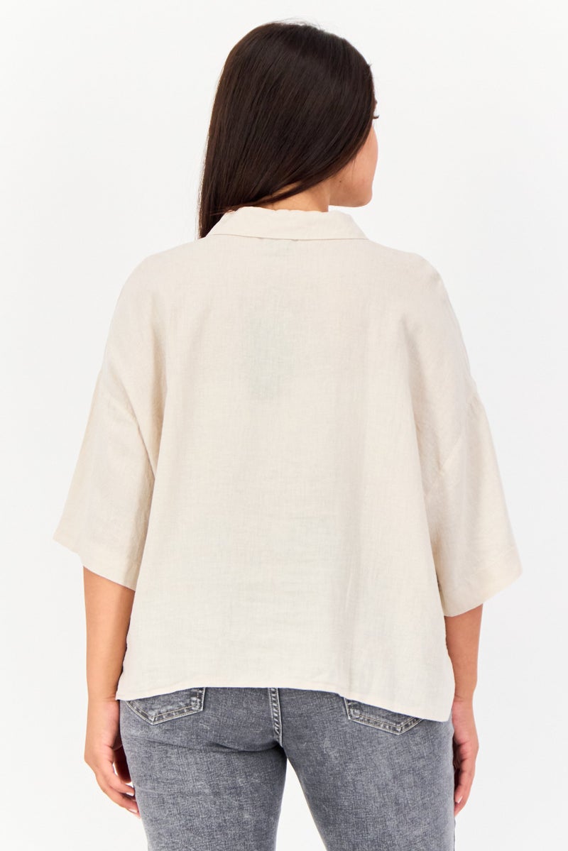 VERO MODA Women Spread Collar Short Sleeve Plain Blouse, Beige  - Image 3