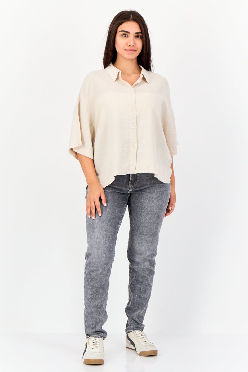 VERO MODA Women Spread Collar Short Sleeve Plain Blouse, Beige  - Image 4