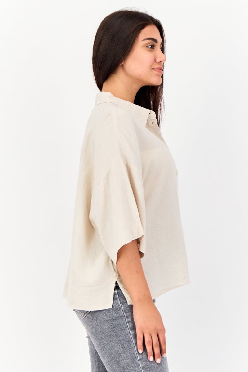 VERO MODA Women Spread Collar Short Sleeve Plain Blouse, Beige  - Image 2