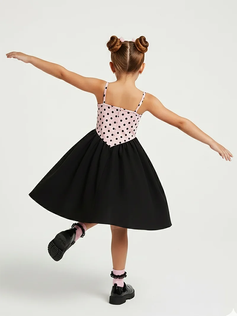 دينوكيدس فستان قطني بناتي بنقوش البولكا دوت وردي للربيع والصيف