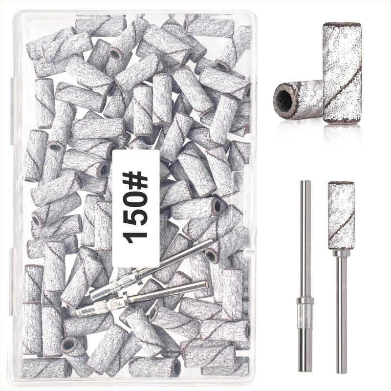 BLESWIN 100pcs Small Sanding Bands with Upgraded 3mm Mandrel Bit, 150 Grit for Acrylic Nail, Gel Nail Removing, Professional Nail Sanding Belt for Manicure and Pedicure, White - Image 1