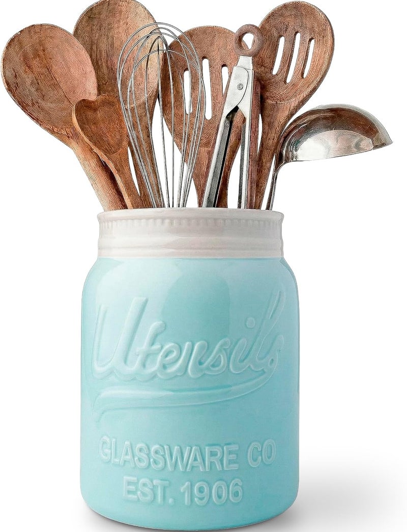 Comfify Wide Mouth Mason Jar Utensil Holder Decorative Kitchenware Organizer Crock, Dishwasher Safe - Kitchen Caddy Aqua Blue for Countertop, Large Size 7" Hight - Image 1