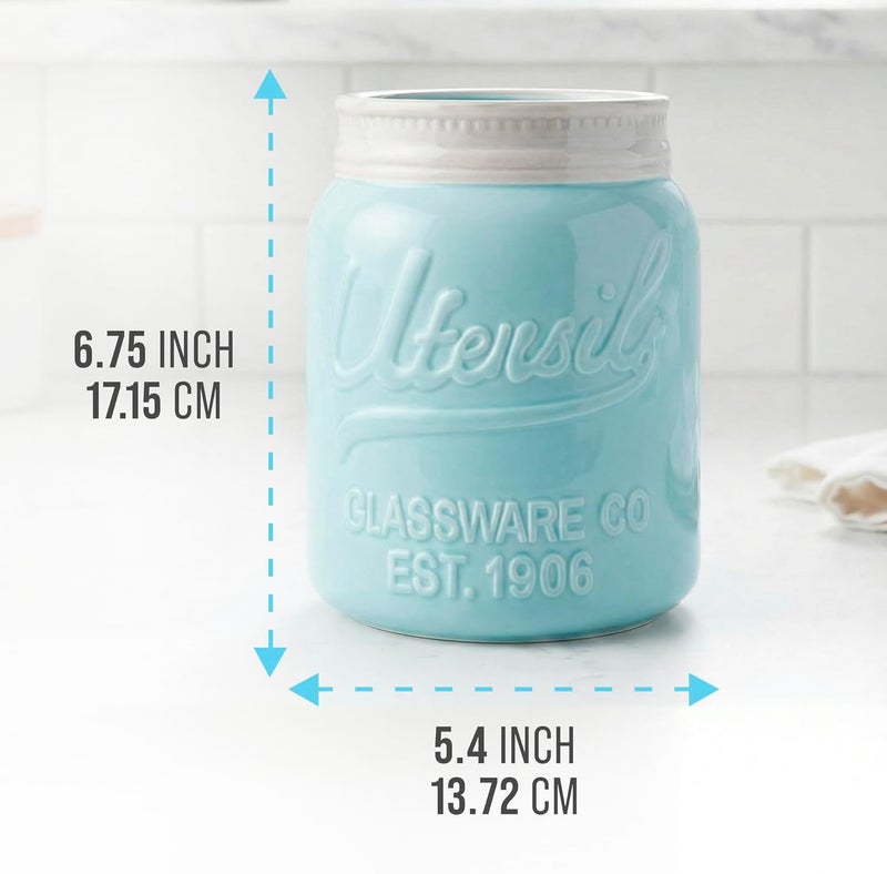 Comfify Wide Mouth Mason Jar Utensil Holder Decorative Kitchenware Organizer Crock, Dishwasher Safe - Kitchen Caddy Aqua Blue for Countertop, Large Size 7" Hight - Image 3