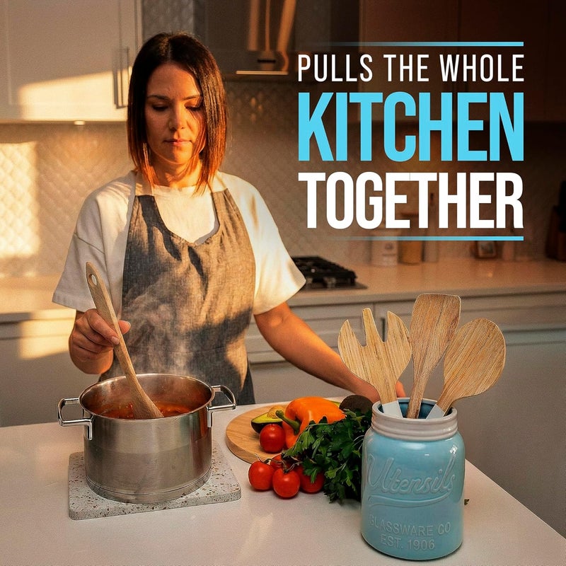 Comfify Wide Mouth Mason Jar Utensil Holder Decorative Kitchenware Organizer Crock, Dishwasher Safe - Kitchen Caddy Aqua Blue for Countertop, Large Size 7" Hight - Image 4