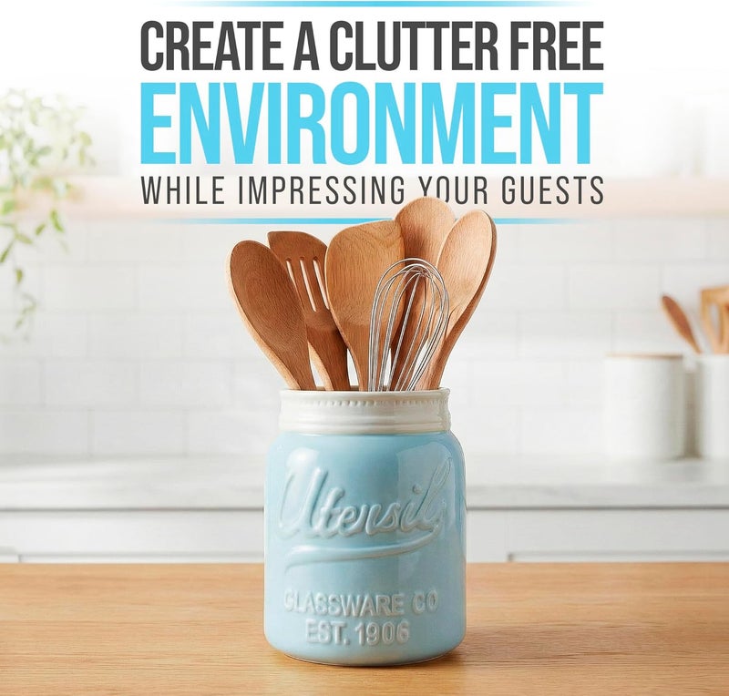 Comfify Wide Mouth Mason Jar Utensil Holder Decorative Kitchenware Organizer Crock, Dishwasher Safe - Kitchen Caddy Aqua Blue for Countertop, Large Size 7" Hight - Image 2