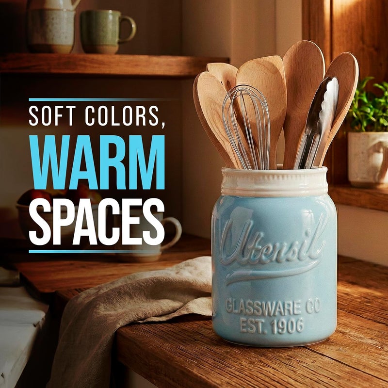 Comfify Wide Mouth Mason Jar Utensil Holder Decorative Kitchenware Organizer Crock, Dishwasher Safe - Kitchen Caddy Aqua Blue for Countertop, Large Size 7" Hight - Image 5