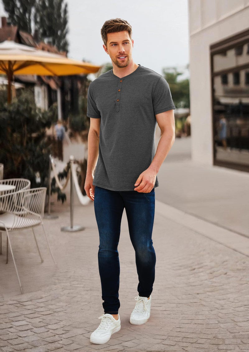 PEGENO Men's Casual Slim Fit Short Sleeve Henley T-Shirts Cotton Shirts (US XX-Large, Dark Gray) - Image 5