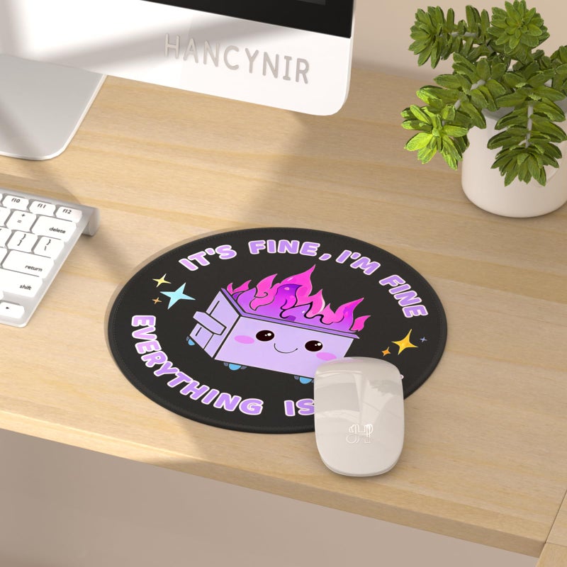 Hancynir Funny Mouse Pad for Desk, Cute Office Decor for Women, Dumpster on Fire Small Mousepad with Non-Slip Rubber Base, This is Fine Round Computer Mouse Pads for Laptop Desk Accessories Supplies - Image 2