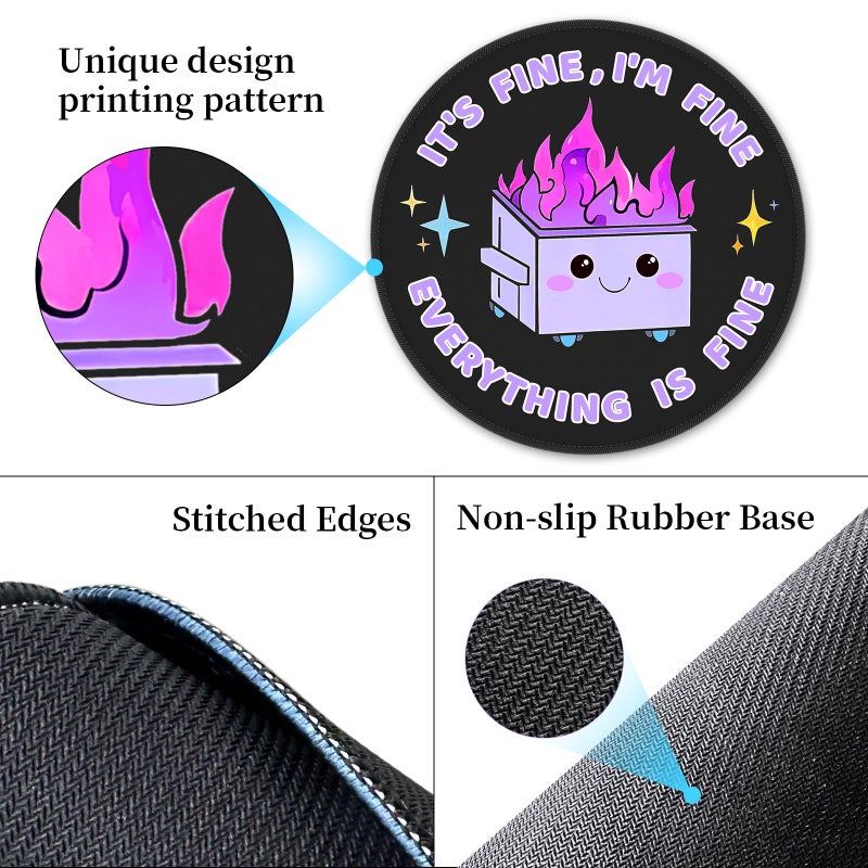 Hancynir Funny Mouse Pad for Desk, Cute Office Decor for Women, Dumpster on Fire Small Mousepad with Non-Slip Rubber Base, This is Fine Round Computer Mouse Pads for Laptop Desk Accessories Supplies - Image 5