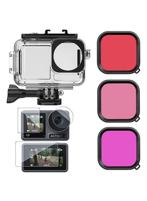Waterproof Case Housing & 3 Pack Filter and Tempered Glass Screen Protector for DJI OSMO Action 3 Action Camera Accessories Underwater Photography Protective Kit Bundle for Action3 Accessory