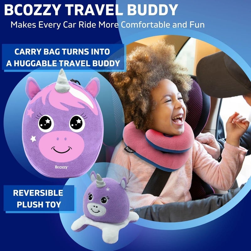 BCOZZY Kids Chin Supporting Travel Pillow for 3-7 Y/O -Stops The Head from Falling Forward– Comfortable Road Trip Essential. Soft, Washable, Small Size, Light Purple, Unicorn Bag and Unicorn Moodizz - Image 3