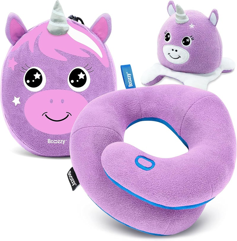 BCOZZY Kids Chin Supporting Travel Pillow for 3-7 Y/O -Stops The Head from Falling Forward– Comfortable Road Trip Essential. Soft, Washable, Small Size, Light Purple, Unicorn Bag and Unicorn Moodizz - Image 1