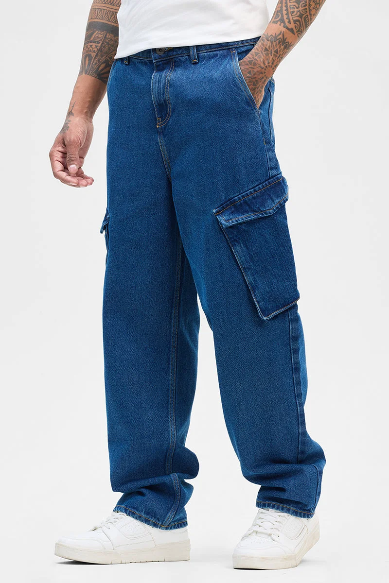 SNITCH Blue Solid Loose Fit Streetwear Jeans