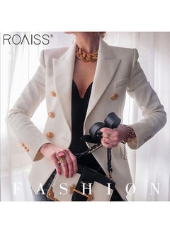 roaiss Women'S Fashion Slim Versatile Blazer Classic V-Neck Long-Sleeved Jacket Side Flap Utility Pockets Gold Button Top  - Image 2