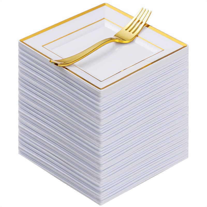 Goodluck 240 Pieces Gold Square Plastic Plates with Forks Gold Dessert Plates for 120 Guests Heavy Duty Disposable Plates for Party Including 120 65 Plastic Plates and 120 74 Forks