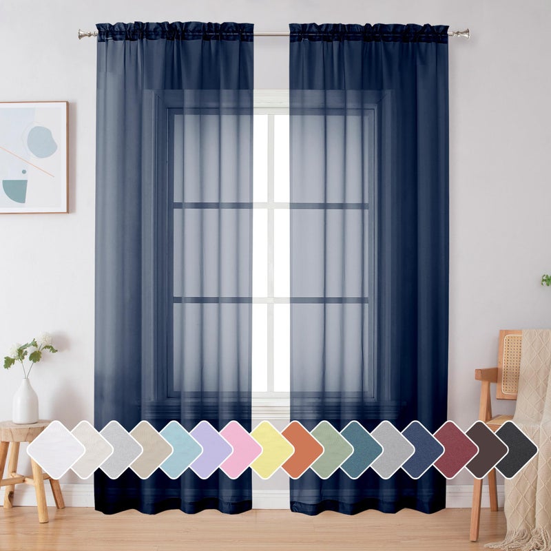 Simplebrand Blue Sheer Curtains 84 Inches Long, Light Filtering Rod Pocket Solid Color Sheer Window Curtain Panels, Elegant Curtains & Drapes for Bedroom 2 Panels (Navy Blue, 42" W x 84" L) - Image 1