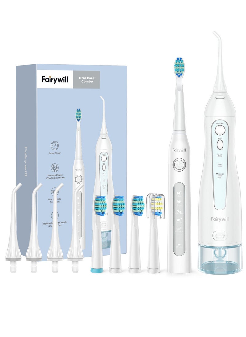 Fairywill - Intelligent Ultrasonic Toothbrush And Oral Irrigator Water Flosser Oral Care Combo Pack USB Rechargeable 3 Modes 300ML 9 Piece White - Image 1