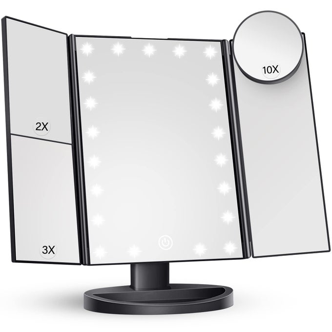 MAKEUP MIRROR VANITY WITH LIGHTS 2X 3X 10X MAGNIFICATION LIGHTED MIRROR TOUCH CONTROL TRIFOLD DUAL POWER SUPPLY PORTABLE LED WOMEN GIFT BLACK