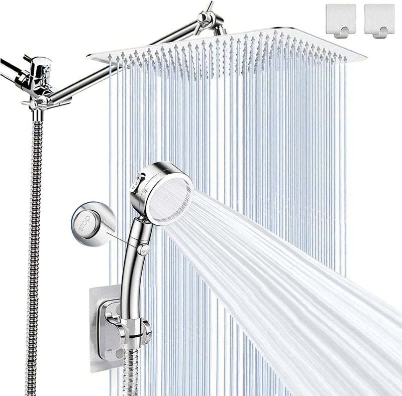 Shower Head High Pressure 10 Square Rain Shower Head with 3 Settings Handheld Spray Combo 78 Extra Long Shower Hose 3Way Diverter HeightAngle Adjustable Extension Arm Chrome BELLEARLY